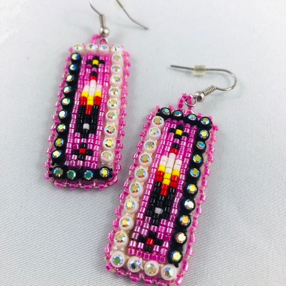 Handmade in Canada Beaded Pink Rectangular Earrings - Picture 3 of 3